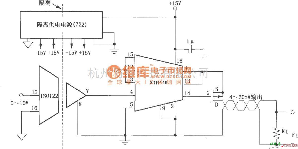 电流环放大中的XTR110隔离式4～20mA变送器电路  第1张