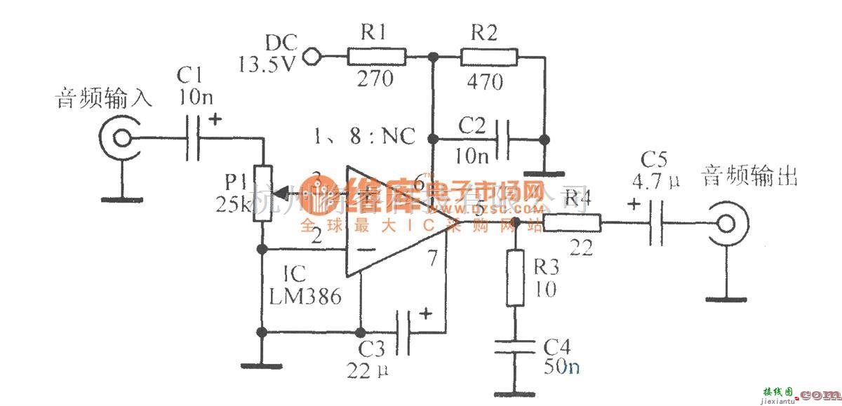 音频处理中的由LM386组成的20增益放大电路  第1张