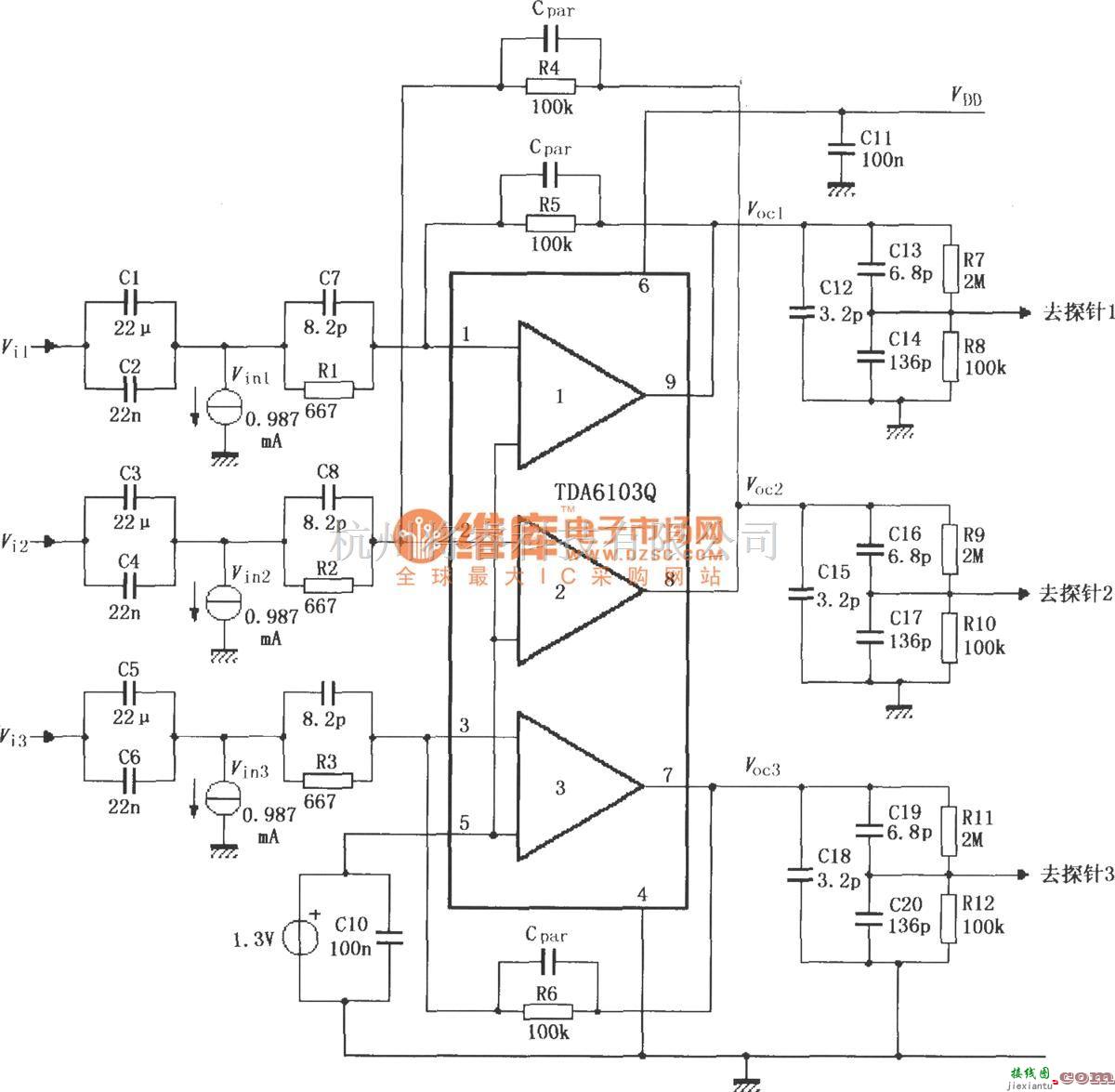 视频放大中的TDA6103Q的具有反馈因数1／150的测试电路  第1张