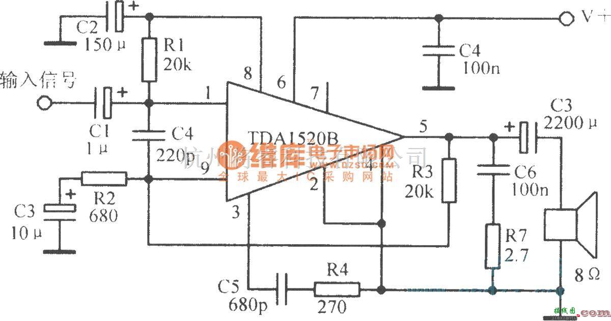 音频处理中的TDAl520B典型应用电路  第1张