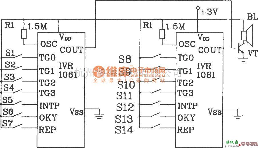 语音电路中的可编程语音芯片IVR1061应用电路图  第4张