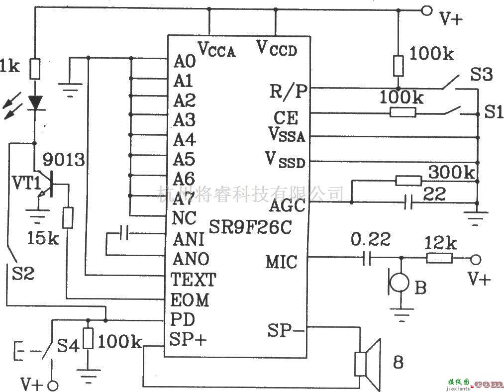 语音电路中的以语音合成芯片SR9F26C为核心的普通录音机和语言学习机电路图  第2张
