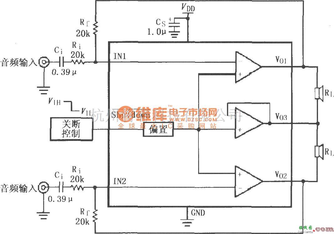 耳机放大中的LM4910用于双声道放大器的典型电路  第1张