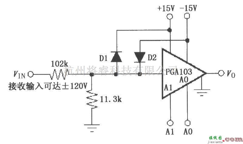 增益可调放大中的由PGA103构成的宽输入电压范围放大器  第1张