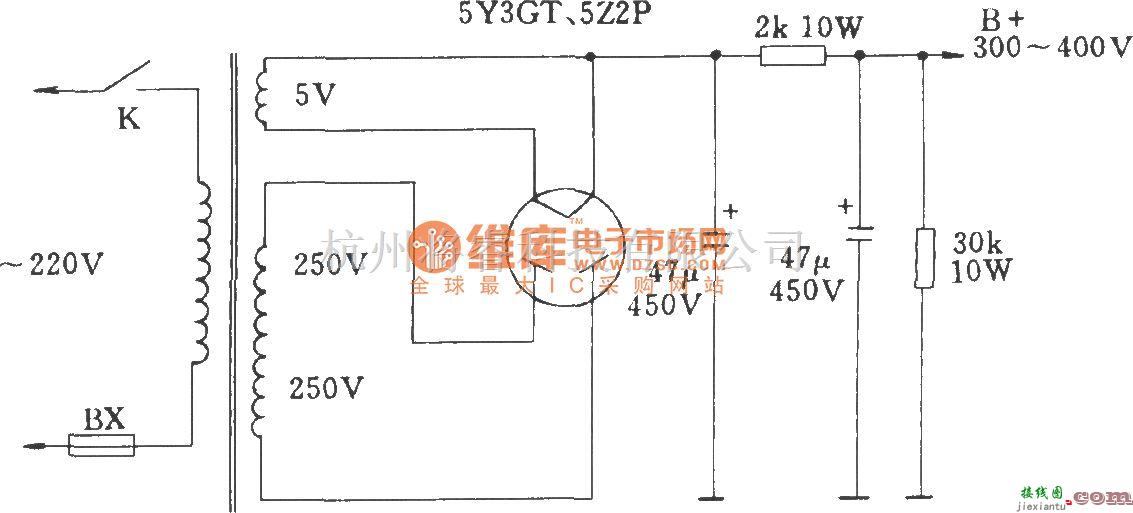 电子管功放中的直热式整流电子管全波整流及滤波电路  第1张