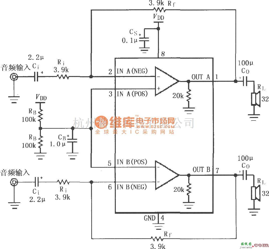 耳机放大中的LM4808用于双声道耳机放大器的典型电路  第1张