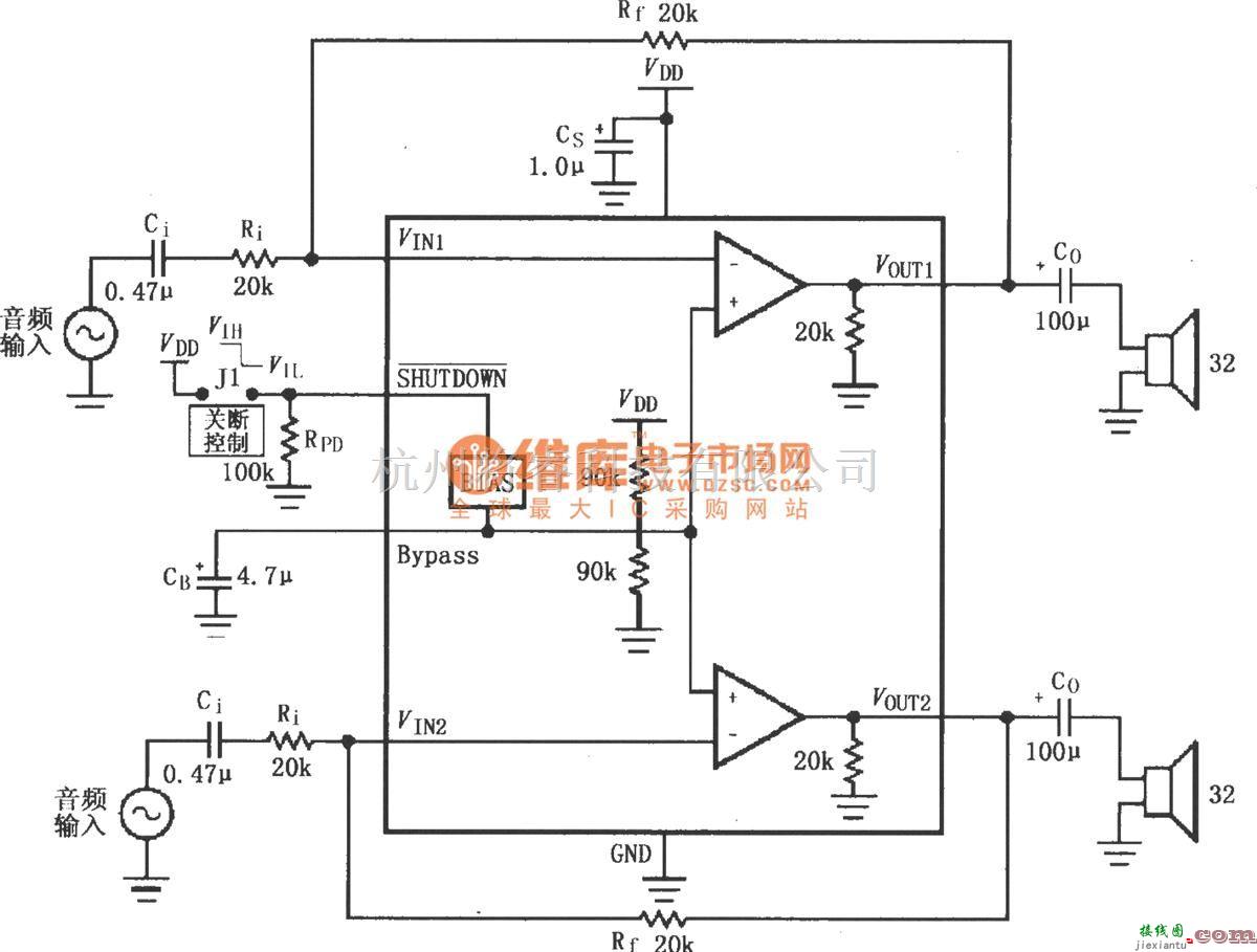 耳机放大中的LM4809／4810用于双声道耳机放大器的典型电路  第1张