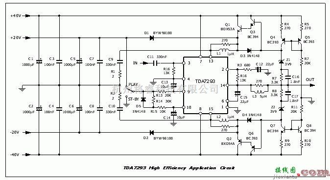 集成音频放大中的TDA7293高效G类放大器电路  第1张