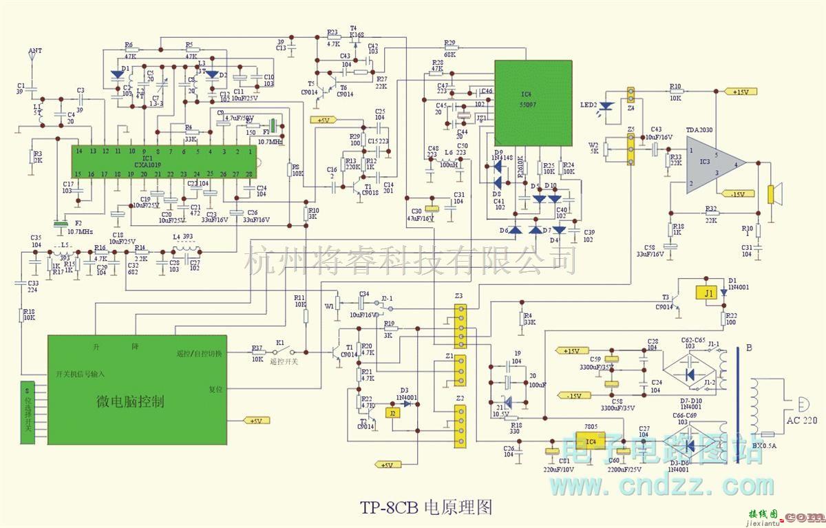 集成音频放大中的TP－8CB型10W调频音箱电路图  第1张