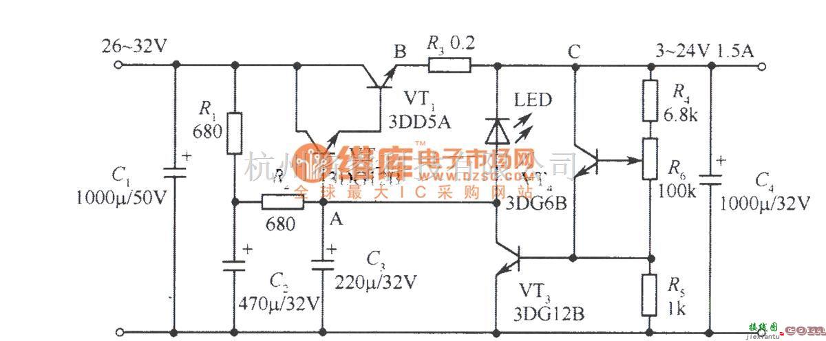 电源电路中的用发光二极管作为过流保护及指示的24V稳压电源电路  第1张