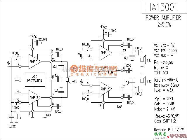 集成音频放大中的HA13001功放电路  第1张