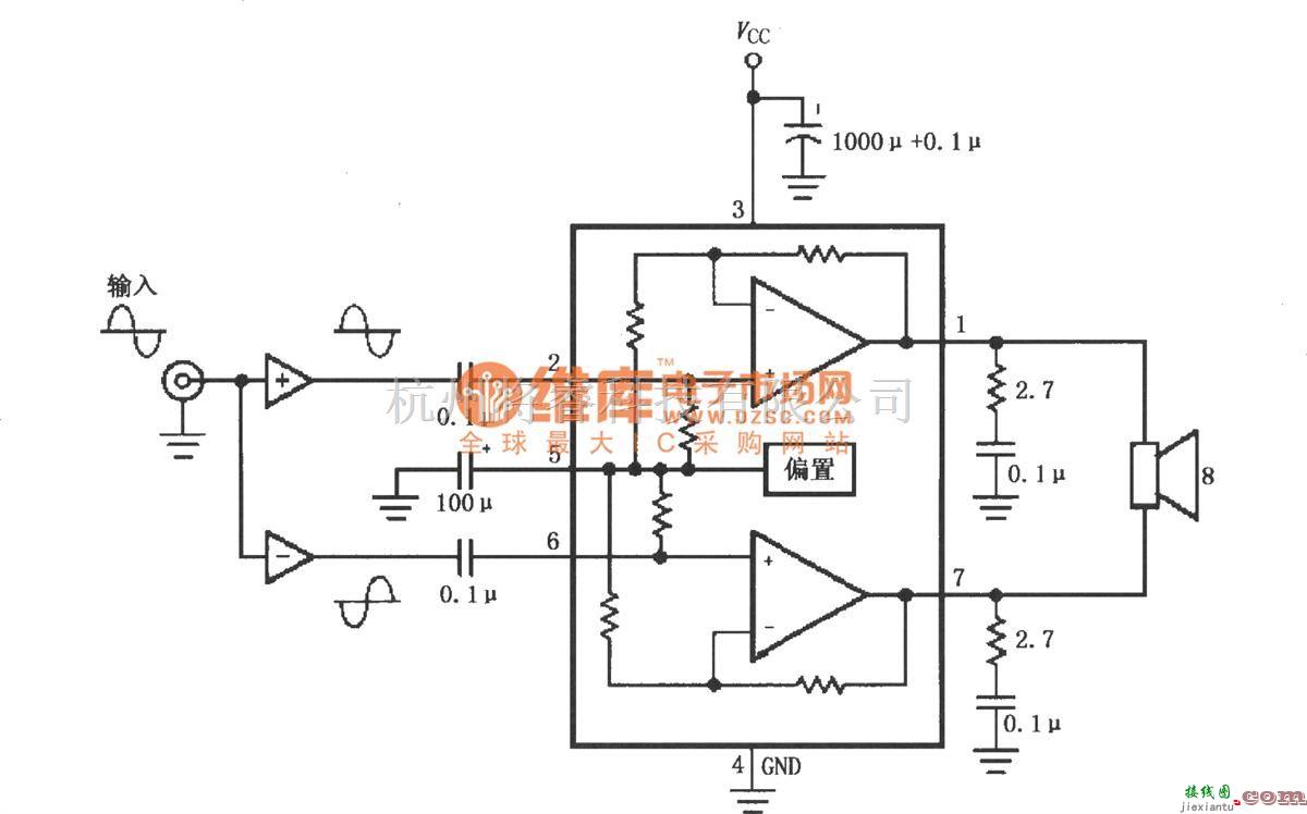 集成音频放大中的由LM4752内部两个放大器构成的电桥输出的音频功率放大电路  第1张