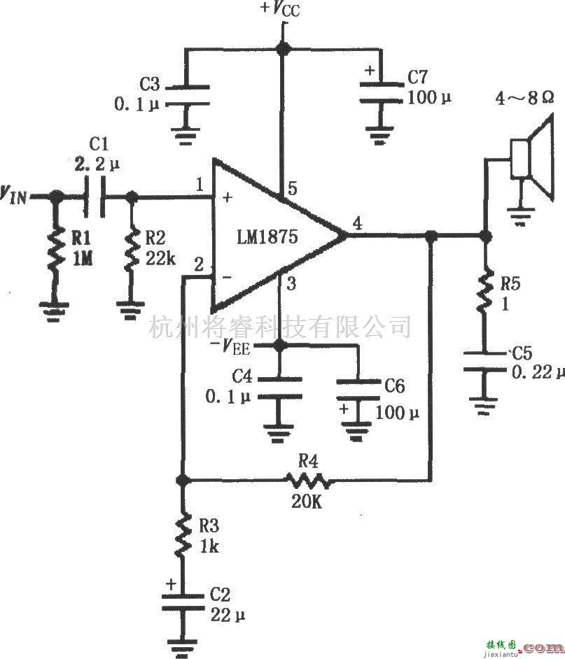 集成音频放大中的LM1875的双电源供电音频功率放大电路  第1张