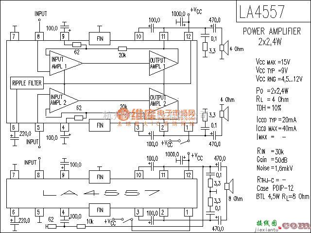 集成音频放大中的LA4557功放电路  第1张