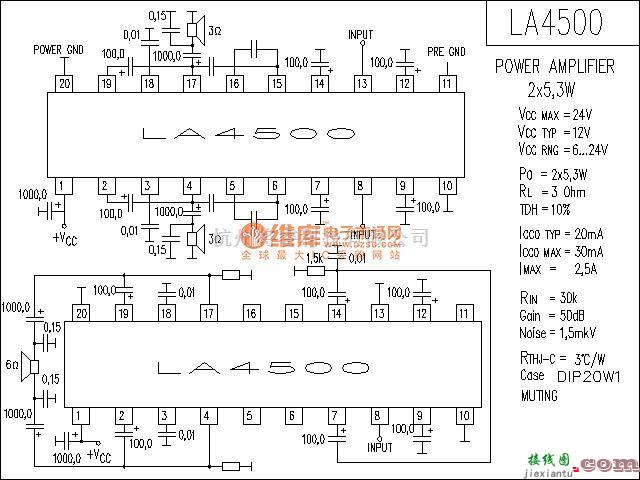 集成音频放大中的LA4500功放电路  第1张