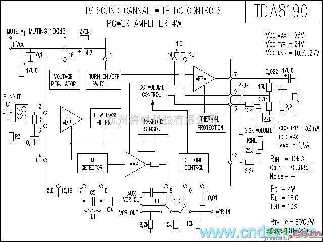 集成音频放大中的TDA8190功放电路  第1张