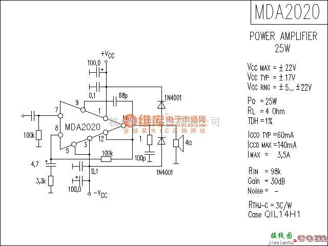 集成音频放大中的MDA2020功放电路  第1张