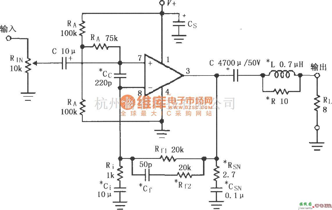 集成音频放大中的LM3875的单电源供电音频功率放大电路  第1张