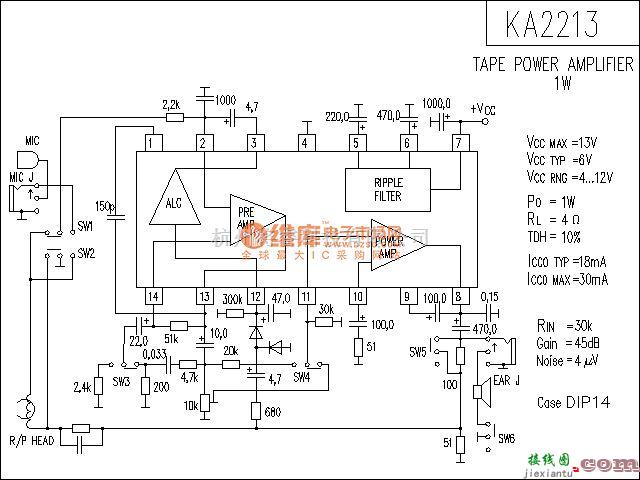 集成音频放大中的KA2213功放电路  第1张