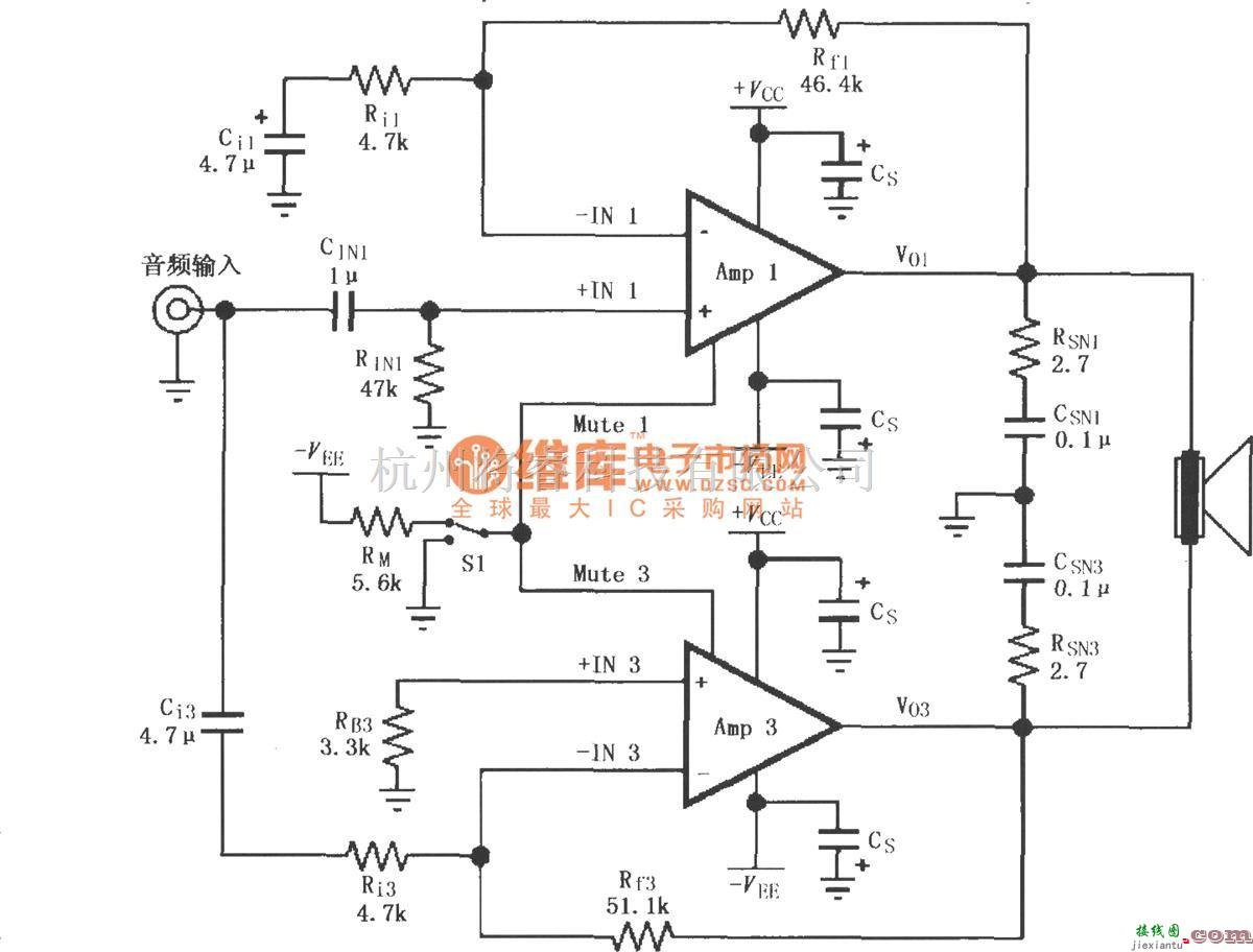 集成音频放大中的由LM4781内部两个放大器构成的电桥输出的音频功率放大电路  第1张