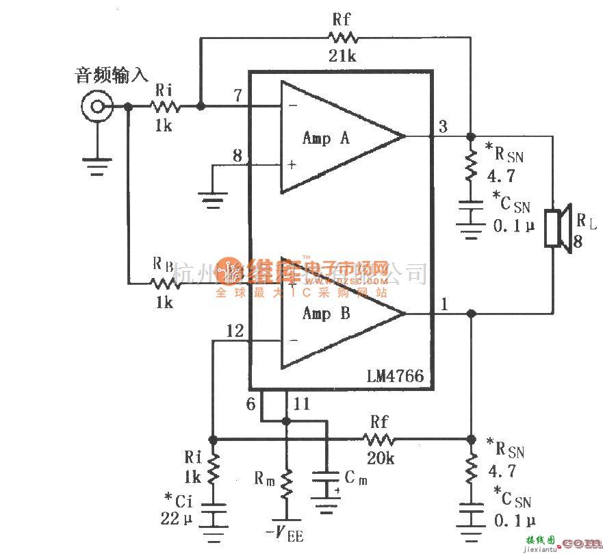 集成音频放大中的由LM4766构成的电桥输出音频功率放大电路  第1张