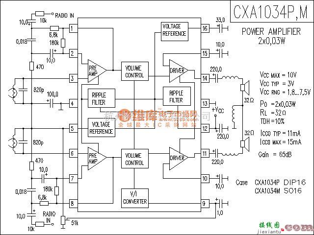 集成音频放大中的CXA1034P-M功放电路  第1张