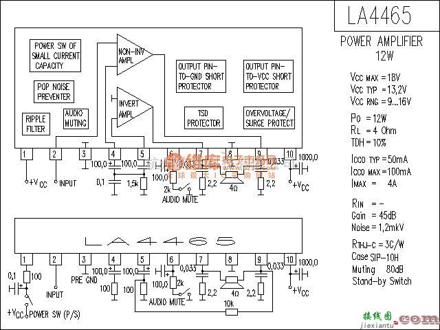 集成音频放大中的LA4465功放电路  第1张