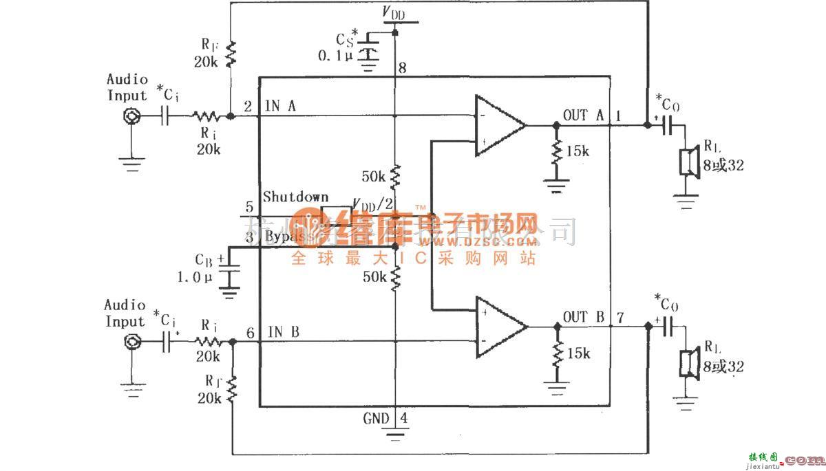 集成音频放大中的LM4880／4881用于双声道放大器的典型电路  第1张