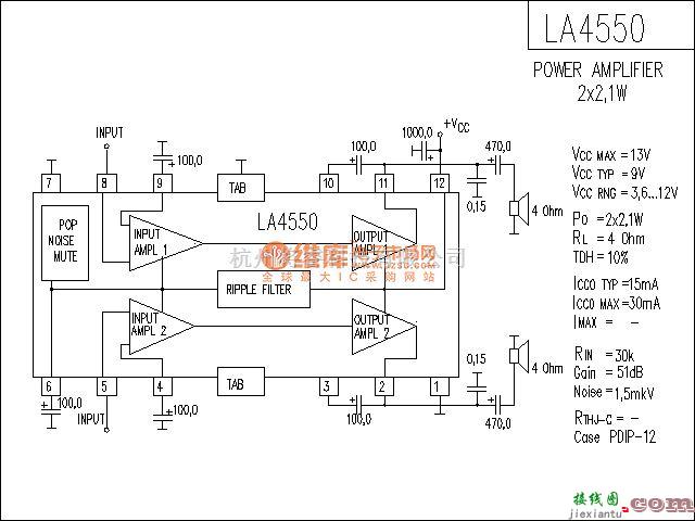 集成音频放大中的LA4550功放电路  第1张