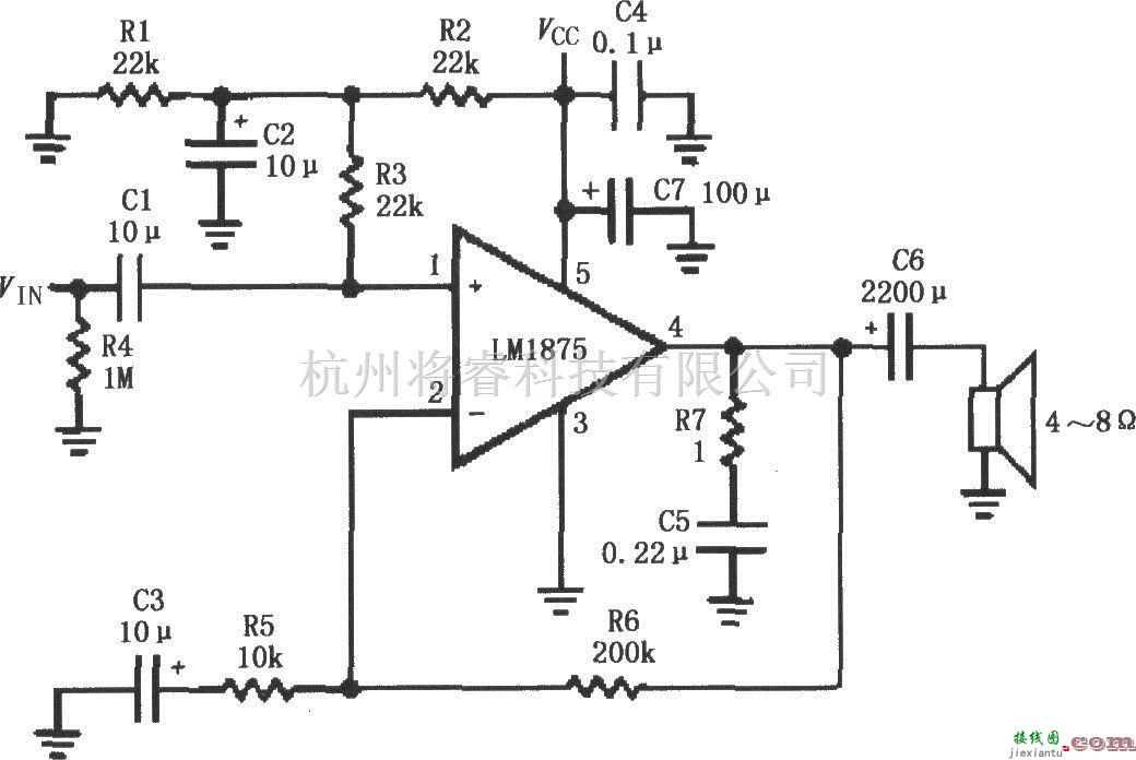 集成音频放大中的LM1875单电源供电的音频功率放大电路  第1张