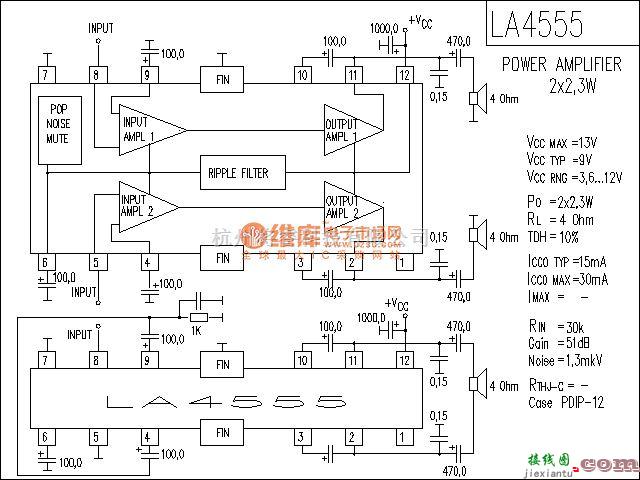 集成音频放大中的LA4555功放电路  第1张