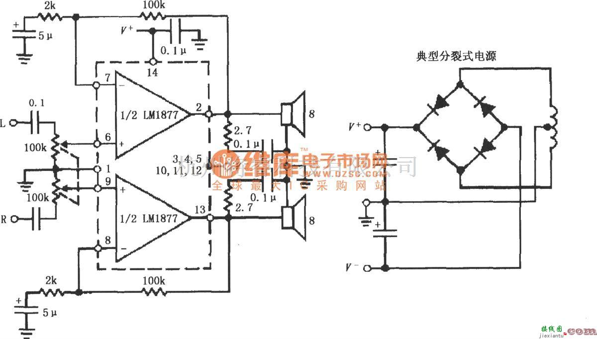 集成音频放大中的LM1877用分裂式电源供电的同相音频功率放大电路  第1张