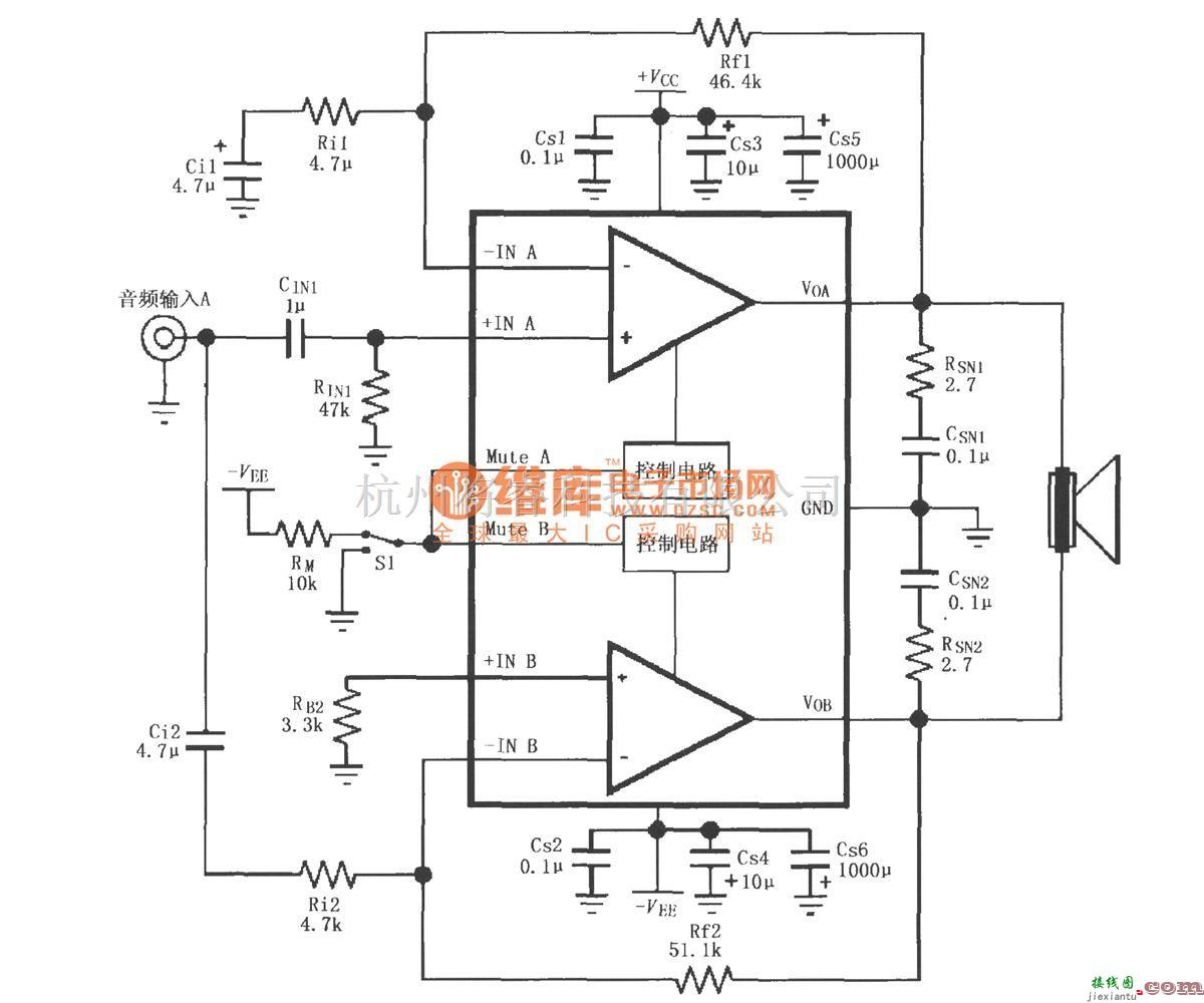 集成音频放大中的由LM4732内部两个放大器构成的电桥输出的音频功率放大电路  第1张