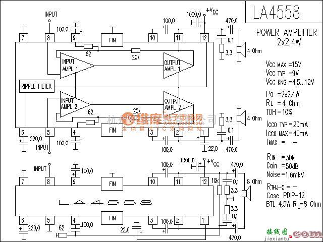 集成音频放大中的LA4558功放电路  第1张