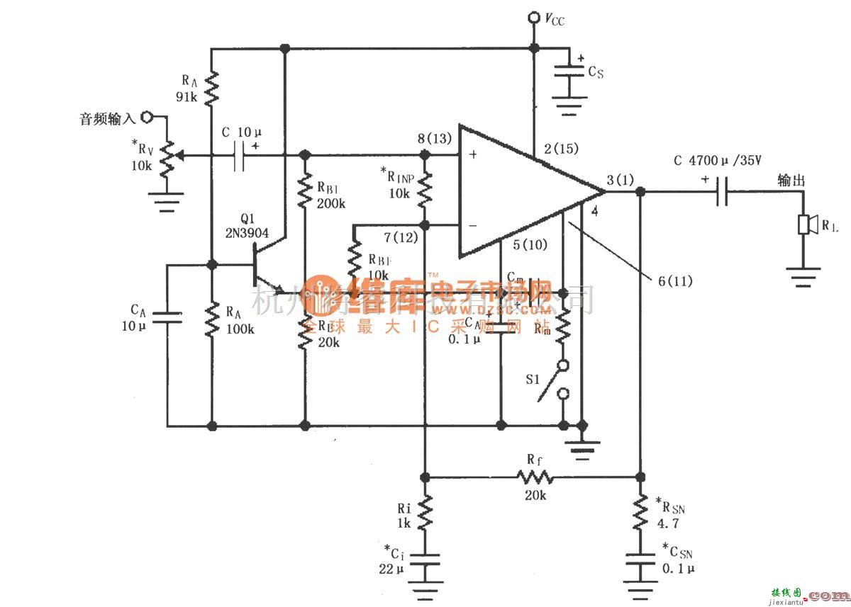 集成音频放大中的LM4766单电源供电的音频功率放大电路  第1张