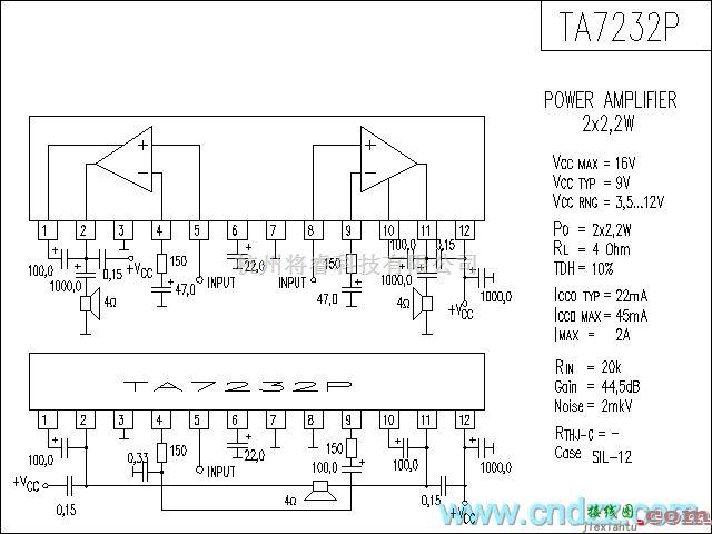 集成音频放大中的TA7232P功放电路  第1张