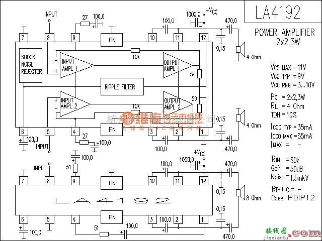 集成音频放大中的LA4192功放电路  第1张