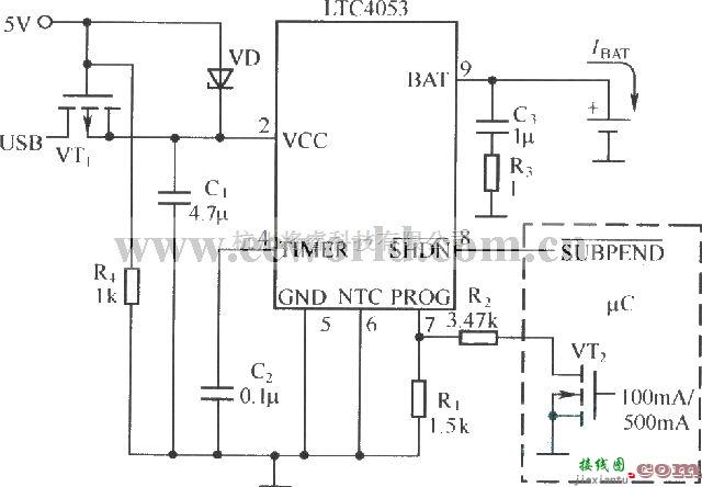 电源电路中的实用的USB接口锂离子电池充电器电路LTC4053作为控制器）  第1张