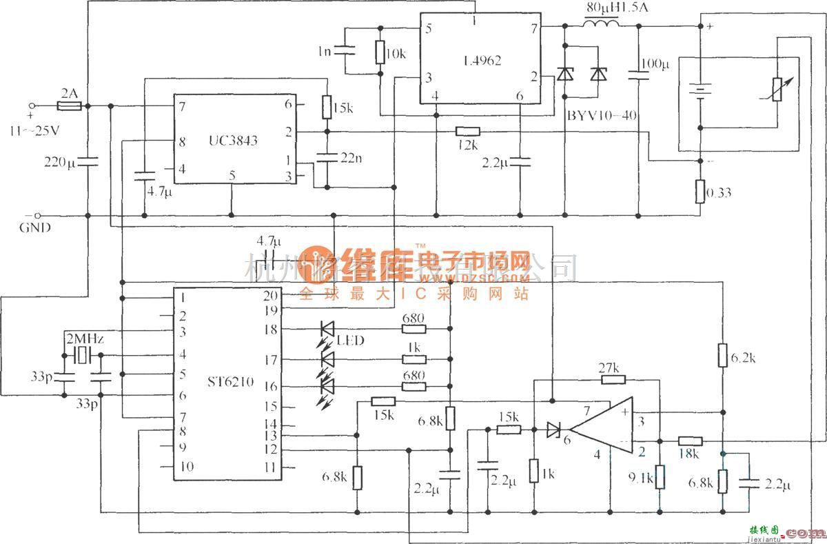 电源电路中的由ST6210构成的电池充电器电路  第1张