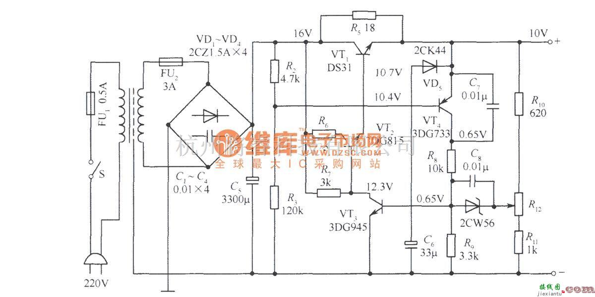 电源电路中的工作在电网电压为l20～250V之间的IOV稳压电源电路  第1张