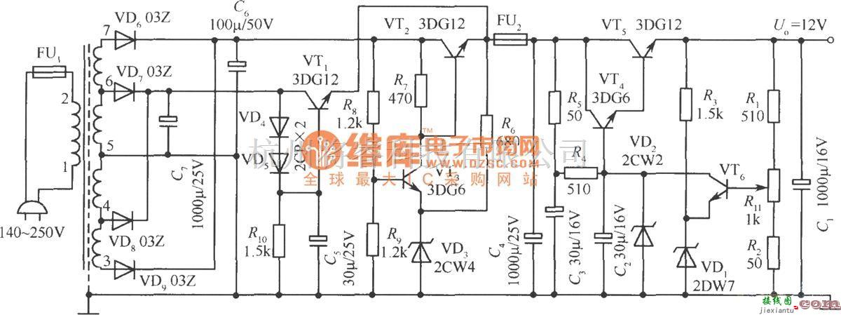 电源电路中的电网电压在140～250V之间的12V稳压电源电路  第1张