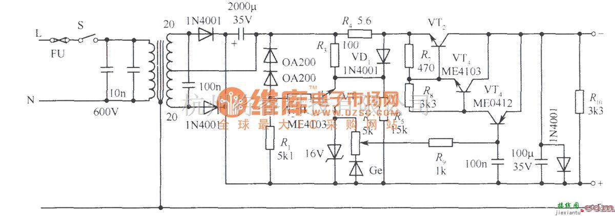 电源电路中的具有限流保护的0～15V稳压电源电路  第1张