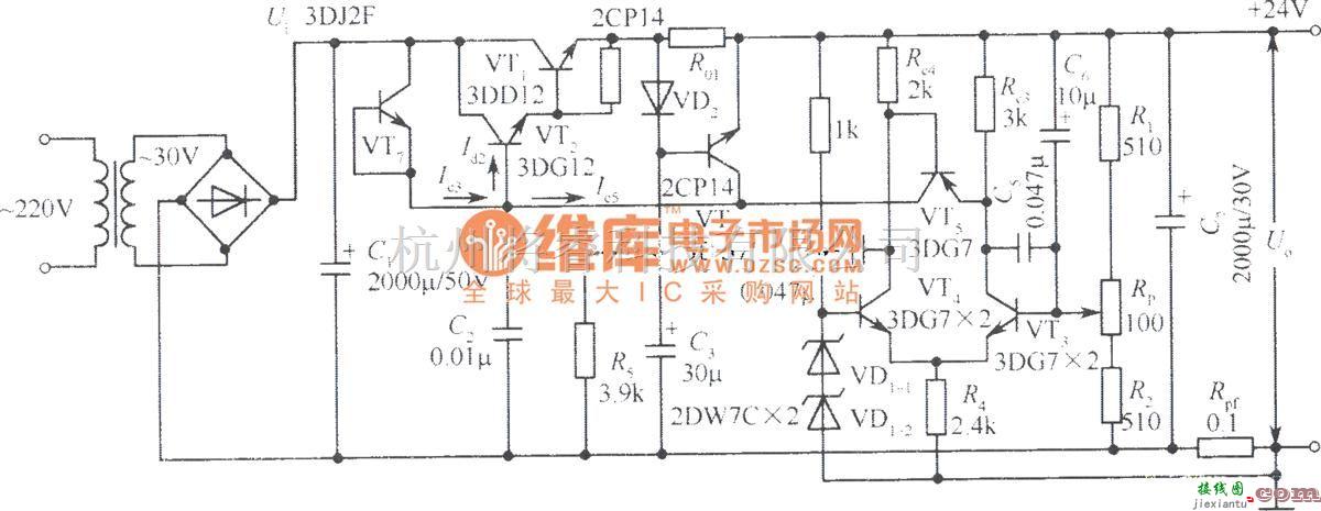 电源电路中的具有电流补偿的24V稳压电源电路  第1张