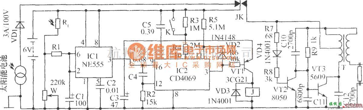 电源电路中的太阳能电池组成的自动控制节能灯电路  第1张