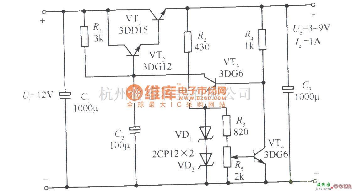 电源电路中的取样比为l的3～9V可调稳压电源电路  第1张