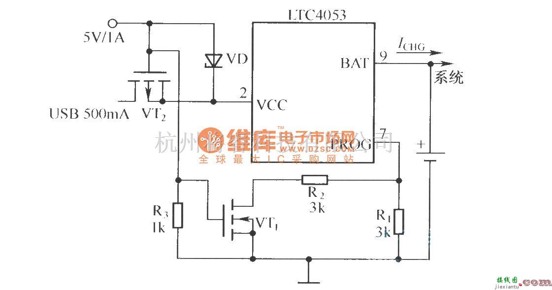 电源电路中的USB端口及墙上适配器供电的充电器原理图(LTC053)  第1张