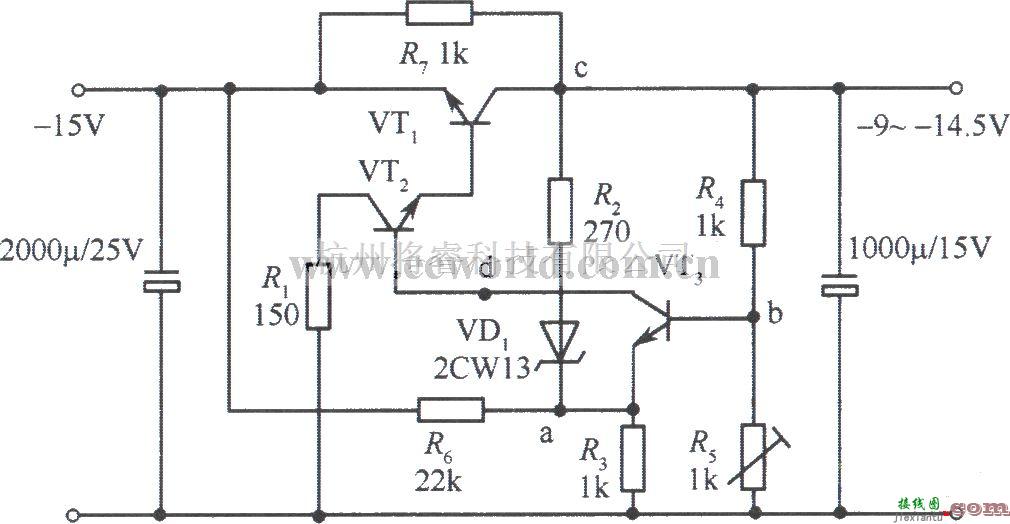 电源电路中的-9～-l4.5v集电极输出稳压电源电路  第1张