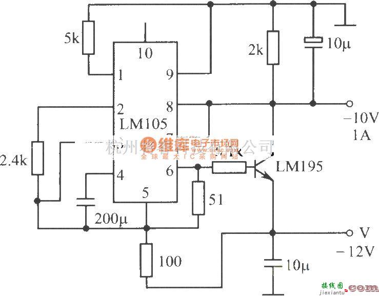 电源电路中的ＬＭ１０５集成稳压器，ＬＭ１９５功率晶体管构成的—10V、１A稳压电源  第1张