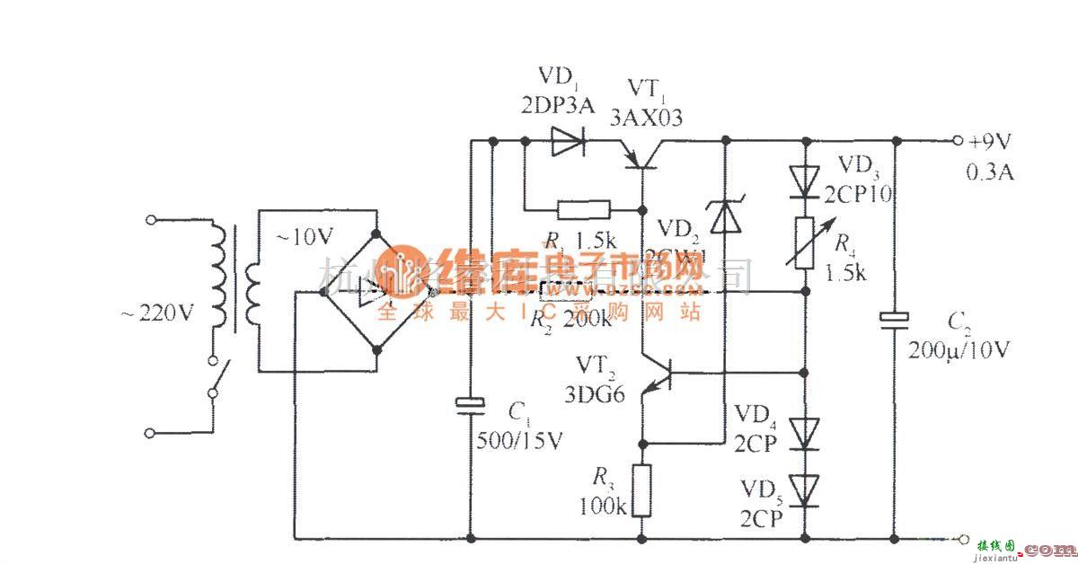 电源电路中的9V集电输出稳压电源电路  第1张