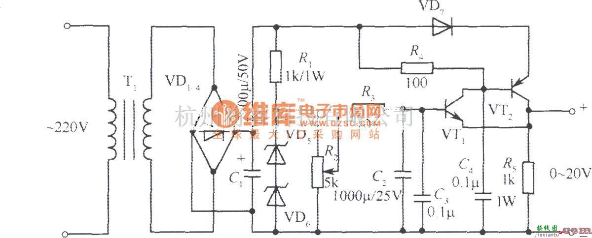 电源电路中的0～20v、1A稳压电源电路  第1张